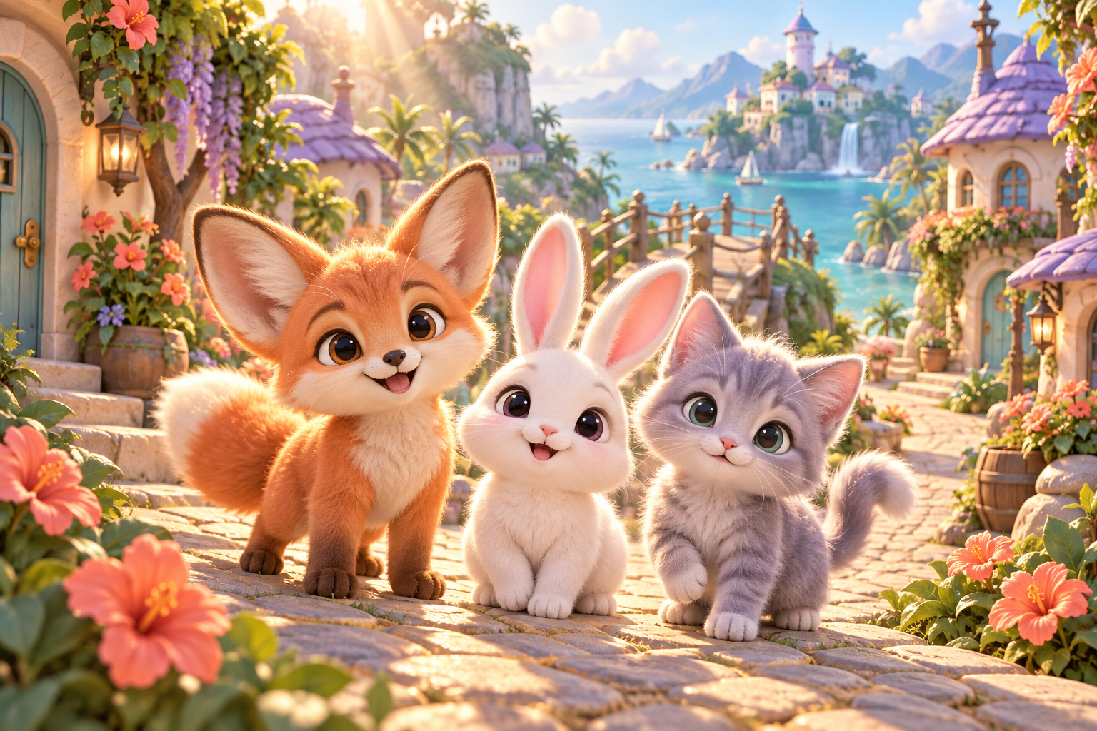 A fox, bunny, and kitten waiting in a sunny island village